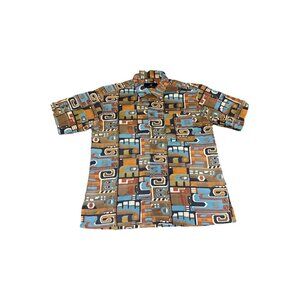 PERUVIAN CONNECTION Button Shirt Pima Cotton Tribal Abstract Print Retro LARGE